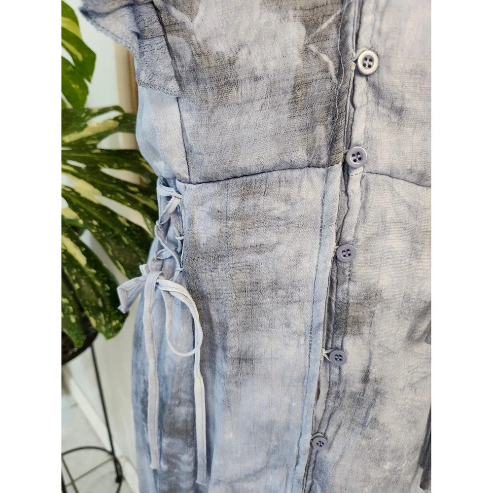 Women's Blue Button-Front‎ Midi Dress with Ruffle Sleeves
